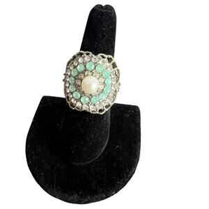 Seafoam green & rhinestone studded faux pearl adjustable cocktail ring size 8.5